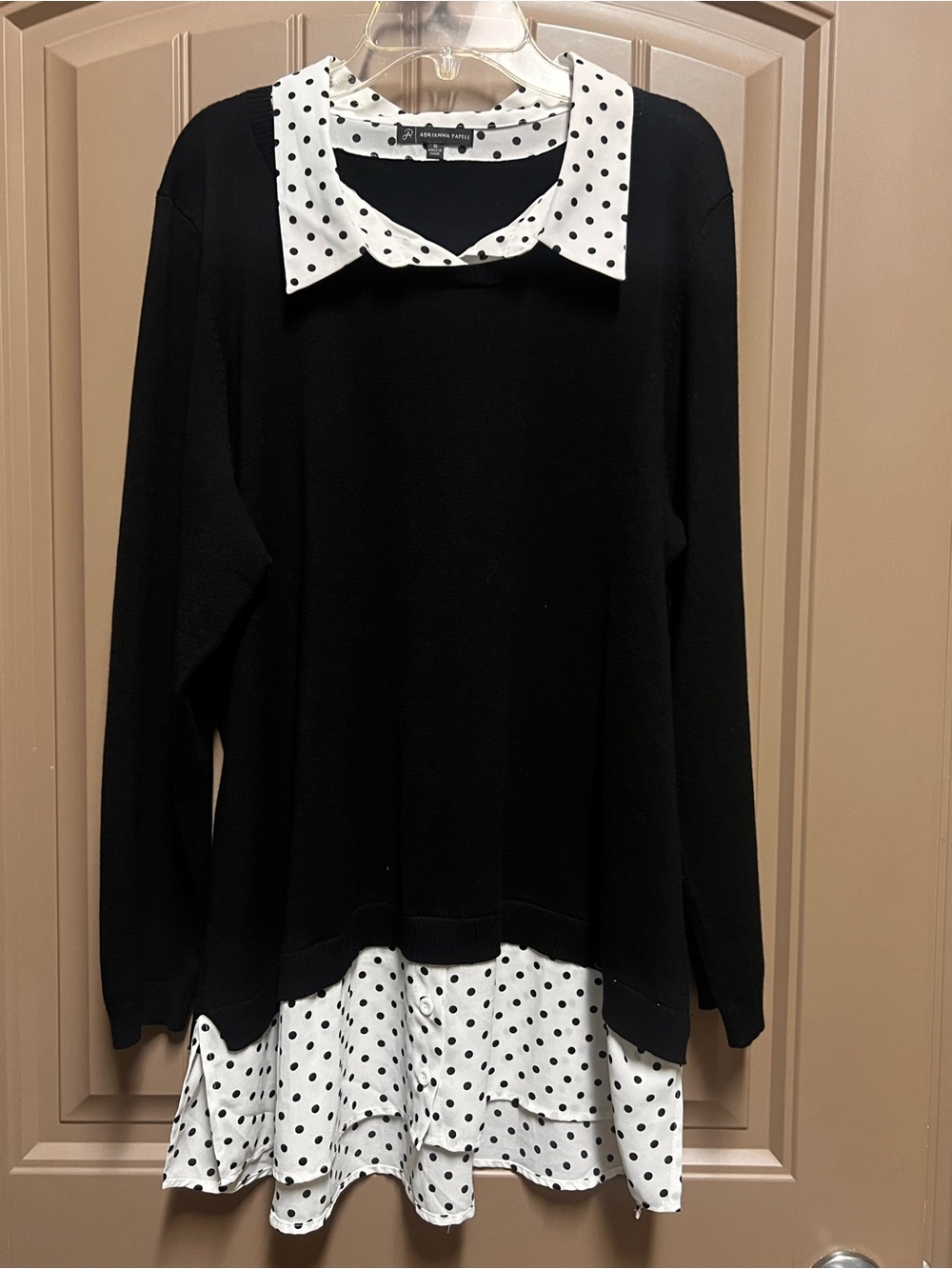 Adrianna Papell 1X Black Sweater Polka Dot Collar & Hem Tunic Top
